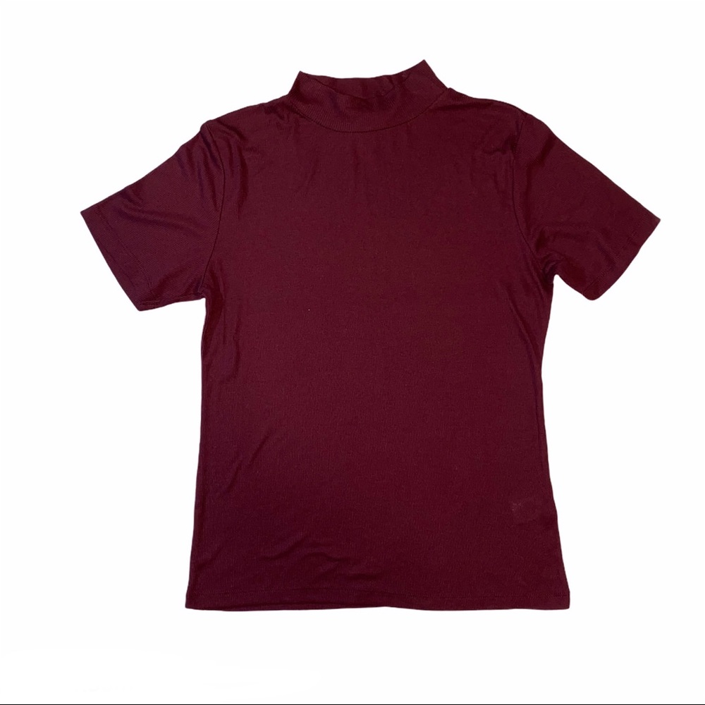 Burgundy Ribbed Mock Neck Top w/ Short Sleeves